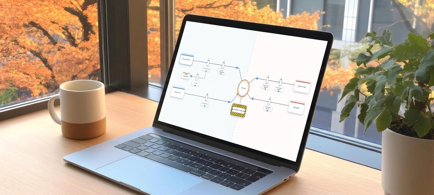 Bowtie Modeler application running in browser showing Bowtie risk model with Gas Leak hazard, barriers and consequences
