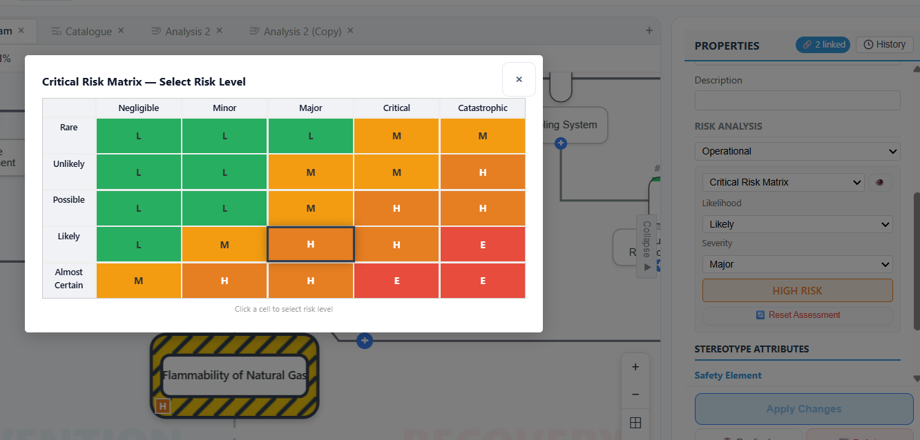 Bowtie Modeler custom risk matrix definition modal for analytics and reporting